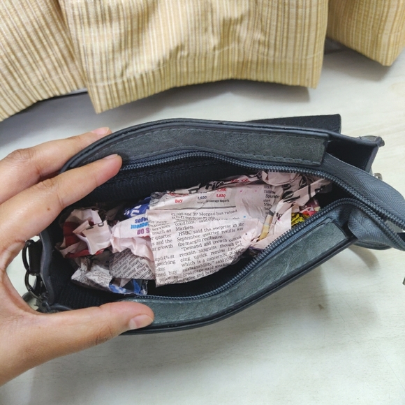 Boho Grey Green Sling Purse/ Wallet with metal studs and tassles - Picture 7 of 7